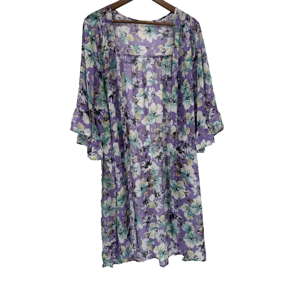 Sheer Floral Purple Kimono Robe Duster Layering Boho Festival hippie indie M
